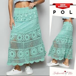 POL Crochet Lace Scalloped Edges Elastic Waistband Tiered Midi Skirt | Turquoise
